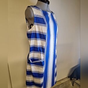Adrianna Papell Navy and White Cotton Midi Dress With Pockets Size 14